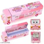 KHILONEWALA Bus Shape Pencil Box School Bus Geometry Box for Kids Magic Bus Space School Bus with Moving Tyres Metal Pencil Box with 3 Compartments & Cute Eyes Pink