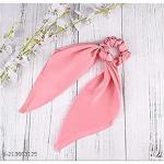 KIRTHI ENTERPRISES Stylish Pink Bow Hair Scrunchie for Women & Girls | Soft Fabric Elastic Hair Tie with Bowknot Design