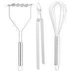 DreamBasket Stainless Potato Masher & Egg Whisk & Roti Chimta for Kitchen