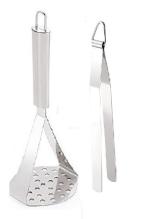 URBAN BUY Stainless Steel Potato Masher With Stainless Steel Roti Chimta Tongs and Multicolour, Pack of 2