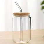 F QUEEN CREATION Can Shape Drinking Glasses Tumbler with Airtight Wooden Lid and Straw 500ml Mason Sipper Bottle for Juices Cocktail Iced Tea Coffee Hot Cold Drink Cup Home Office Travel(Pack of 1)