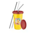 Prabha Stainless Steel Red Tumbler, Designer Glass With Plastic Lid, 2 Straws, 1 Brush, Capacity 370 Ml