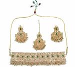 Gyaan Jewels Handmade Gold Plated Brass Necklace, Earring and Maang Tikka Set Maroon (Women) (Pack of 1) Free Size