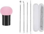 Lenon Beauty Stainless Steel Blackhead Remover Needle (Pack of 4) With Make up Puff Brush with Handle Mushroom (5 Items in the set)