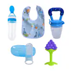 KUPEPE Baby Fruit Nibbler, Spoon feeder, Finger Brush, Bib & Teether and Feeder (Blue)