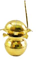 Real Craft Gold Brass Glossy Mangal Kalash With Nariyal And Leafs For Diwali Pooja Coconut Mango Leaves