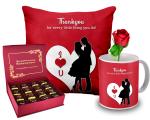 Midiron Valentine's Day Gift for Wife/Girlfriend|Romantic Gift for Husband/Boyfriend| Birthday gift for Wife, Husband, Girlfriend ( Chocolate , Artificial Rose, Mug, Cushion)