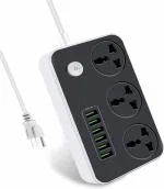 JANROCK Power Strip Extension Cord with 6 USB Auto Max 3.4A 3 AntiStatic Power Socket Charging Hub Smart Extension Board 3 Socket Extension Boards (Black, Grey, 2 m, With USB Port)