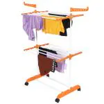 FLIPZON Premium Clothes Stand for Drying with Wheels | Portable | 2 Layer Rack for Balcony | Foldable Wings | 14 Hanger Rods | Alloy Steel & Plastic (White & Orange)
