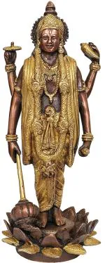 Idol Collections Multicolor Brass Standing Lord Vishnu On Lotus Base Idol