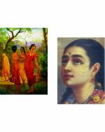 DECOR ADVENTURES Shakuntala and her Companions by Raja Ravi Varma Wall Paintings 14 x 18 inch (Pack of 2)