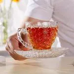Cracker Transparent Glass Fish Cup Mug With Handle And Saucer For Hot And Cold Drinks 210ml (Pack Of 2)