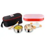 Priyaj Stainless Steel Lunch Box Set Milano Series 2 Containers (320ml each), Plastic Container & Spoon with Thermoware cover bag|Air Tight Orange lids & Leakproof Tiffin Box|Office Travel Lunch Box