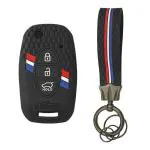 Ashar KeyHub Striped Silicone Key Cover Compatible for Kia Seltos| Sonet| Carens (3 Button Flip Key) (Black with Black Striped Keychain)