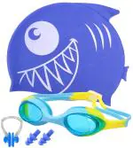 Toyshine Kids Swim Goggles and Fish Design Swim Hat with ear and nose plug,Age 3-12(Blue- Multi)