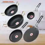 LAZYwindow Traditional Iron Deep Bottom Kadhai, Fry Pan (Induction base) / Tawa And Tadka Pan with insulated Handle Combo Pack