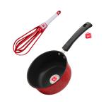 LAZYwindow Premium Quality Nonstick Sauce Pan, Dia - 16 cm, 1.5L (Base colour Maroon) & Foldable Plastic Whisker Beater Hand Blender Mixer
