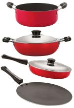 Nirlon 4 pcs of Red, Black Non-stick Pot and Pans Cookware Set with Bakelite Handle Standard