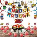 Festiko 36 Pcs Superhero Theme I Am Four Birthday Combo, Superhero Combo (Banner,Swirls,Cake Topper,Cup Cake Toppers)