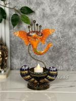 CraftVatika Metal Ganesha Idol Showpiece Tea Light Candle Holder Stand for Home Decoration