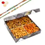 Jaiccha Rakhi Gifts-Cross Check Wooden Dryfruits Box with Assorted Cashews With 2 Green Beads Rakhis 200 gram