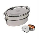 JVL Silver Stainless Steel Double Layer Oval Lunch Box With Small Container