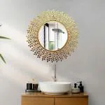 Furnish Craft Beautiful Leaf Round Mirror for Wall (24 Inch / 61 cm , Gold)(Framed )
