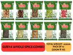 SURYA 200gm WHOLE SPICE COMBO-NUTMEG,STAR ANISE,BLACK CARDAMOM,GREEN CARDAMOM,MACE FLOWER,BLACK PEPPER,BAYLEAF,CINNAMON,POPPY SEEDS,CLOVE (Pack of 10; 20gmx10)