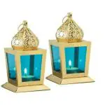 Home Decoration 18 Square Moraccan Hanging Tea Light Lantern Pack of 02 (Blue)