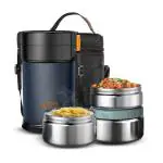 Home Puff Double Wall Vacuum Insulated Round Stainless Steel 3 Containers Lunch Box with Bag - 2000 ml