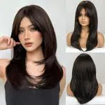 AKASHKRISHNA Long Dark Brown Wigs for Women, Synthetic Hair Wig with Bangs