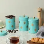 Dudki homes Decorative Canister Set with Lid for Kitchen Counter Top Airtight Stainless Steel Food Storage Container with Lids for Flour Sugar Cereal Coffee Tea Organizer (Set of 3)(AQUA)