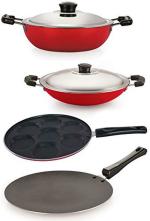 Nirlon 4 pcs of Red, Black Heat Resistance Pot and Pans Cookware Combo Set Standard