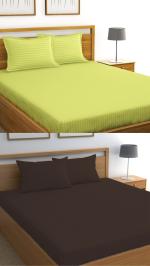 VORDVIGO Combo Pack of Premium Cotton Feel Satin Stripes/Lining Plain Bedsheets for Double Bed 300 TC 2 Bedsheets with 4 Pillow Covers (90*90 Inches) for Home and Hotels (Color- Parrot & Brown)