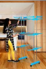 Clothes Drying Racks, 3 Tier Collapsible Rolling Dryer Clothes Hanger Rack Rail Stand with Side Wings, Stainless Steel Clothes Airer for Laundry, Sky Blue, [Made in India] 2 Year Manufacturer Warrnty