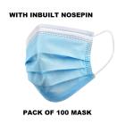 3 Ply Surgical Mask with Nose Pin, Ultrasonic Ear loops and Saver Strap, Melt Blown Layer, Reusable Mask (100 Pcs, Blue)