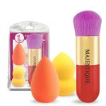 Majestique Chubby Foundation Brush with Two Makeup Sponge - Travel Powder Brush, Blender Sponge for Blending Liquid, Cream or Powder Cosmetics - 3Pcs/Multicolor