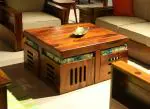 LAXMI NATURE WOOD Sheesham Wood Center Coffee Table Set with 4 Stools for Living Room Home Hall Solid Wood Tea Table Wooden Furniture for Home Office (Honey Finish)