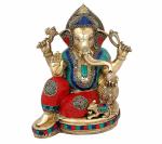 Idol Collections Multicolor Brass Tall Large Ganesha Statue Idol Murti, 14 Inch