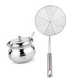 BLUE WONDER Stainless Steel Multipurpose Ghee Pot/Pickle Container with Spoon With Stainless Steel Deep Fry Strainer and (Multicolour, Pack of 2)