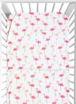 Elementary Pure Organic Cotton Printed Crib Bedsheet Flamingo Print - White & Pink