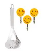 URBAN BUY Stainless Steel Potato Masher With 1 Set Smiley Hooks and Multicolour, Pack of 2