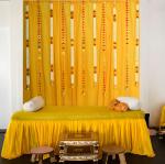 SpecialYou.in Toran for Diwali Hanging Decoration | Yellow Crape Backdrop Cloth with mogra and pom pom Garland | Pooja Backdrop Decoration Cloth - 17 Items