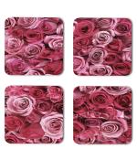 Whats Your Kick Flowers Beautiful Pink Rose Flower Design Printed Set of 4 Coaster With Metal Stand