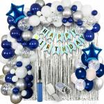 SHANAYA Dark Blue With Silver Happy Birthday Decoration Items Kit Combo Set Birthday Bunting Silver Foil Curtain Metallic Confetti Balloons With Hand Balloon Pump And Glue Dot - 62 pieces