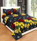 N G Products 3D Polycotton Double bed bedsheet with two Pillow cover_Size-88*88 inch ( Black Yellow Flower Design)