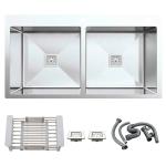 Respite Silver Stainless Steel Kitchen Sink Double Bowl With Tap Hole With Fruit Basket, Coupling And Waste Set, 37 X18 X10 Inch