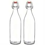 SATYAM KRAFT 2 Pcs 1 liter Designer Milk Glass Bottle with golden lid for milk, juice, coco, Milk Shake, Water, storage, Restaurant, fridge storage, Fridge bottle, glass bottle (2 Pcs) (1 ltr)