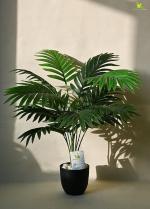 Cureasy Blooming Floret Artificial Areca Palm for Home Decor/Office Decor/Gifting | 58.4 cm Short Ornamental Plant | 12 Leaves | with Basic Black Pot | Natural Looking Indoor Plant