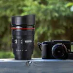 DOKCHAN Plastic Camera Lens Shaped Coffee Mug with Lid | Steel Insulated Travel Mug, Thermos 350ml